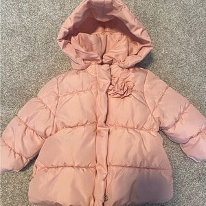 Zara baby pale pink hooded puffer jacket 3-6 months flower detail